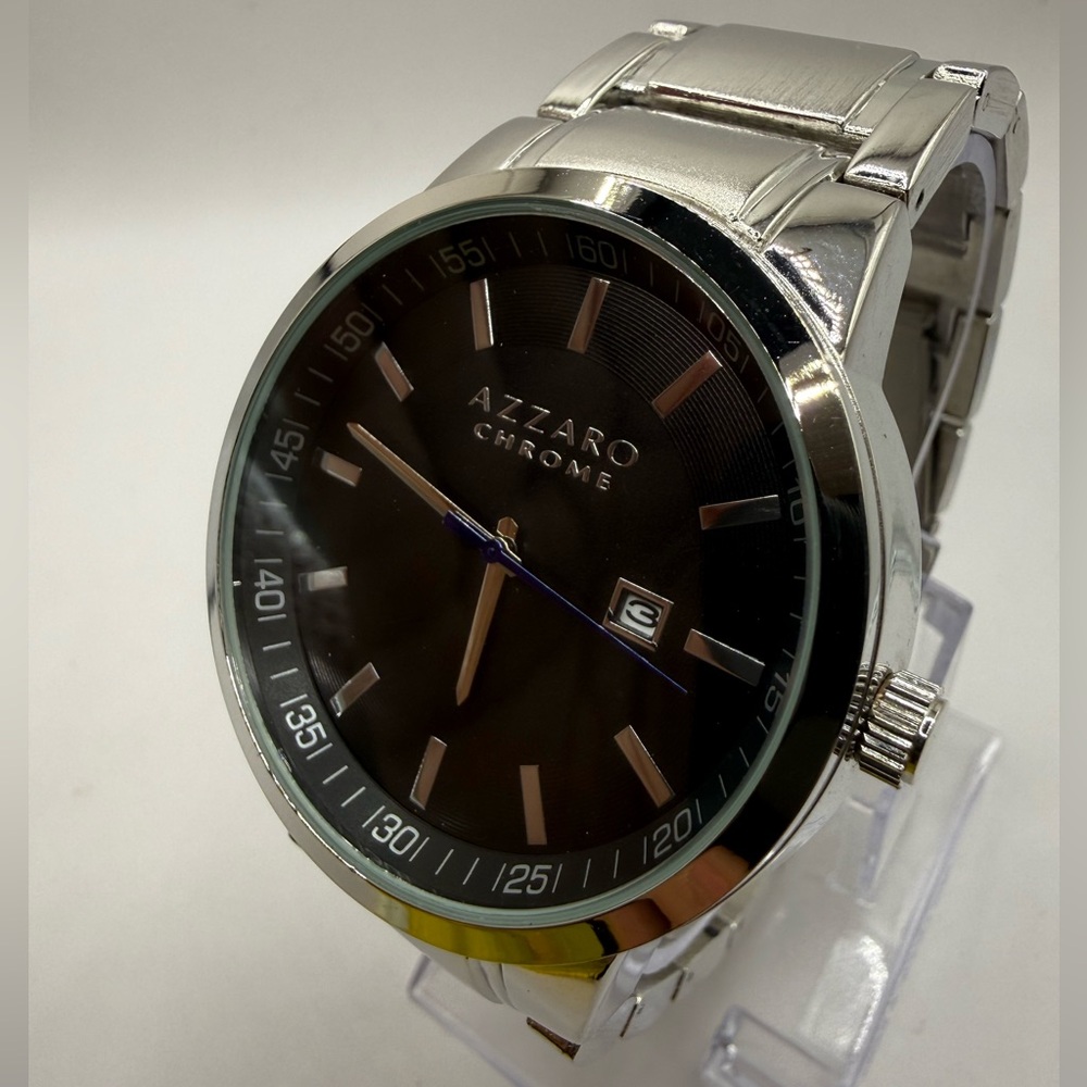 Mens Azzaro Chrome Black Dial Silver 45mm Stainless Steel Watch (Needs Battery)